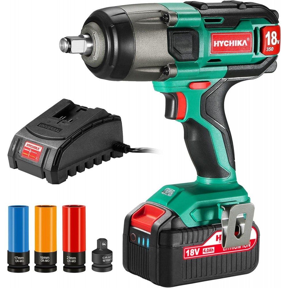 Impact Wrench, 18V 4.0Ah Battery, HYCHIKA Cordless Impact Driver 350Nm, 3000IPM Impact Frequency, 3pcs Sockets For 17/19/21mm, Adapter For 10mm Mandrel
