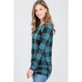 Round Neck Long Sleeve Plaid Print Top