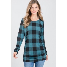 Round Neck Long Sleeve Plaid Print Top