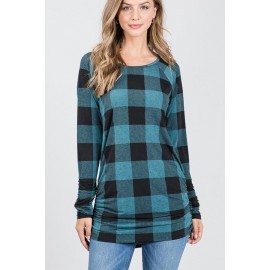 Round Neck Long Sleeve Plaid Print Top